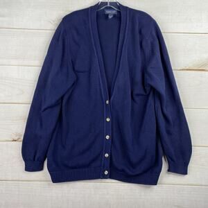 Vintage Lands End Sweater Womens L 14/16 Navy Blue Cardigan Button Up Knit USA